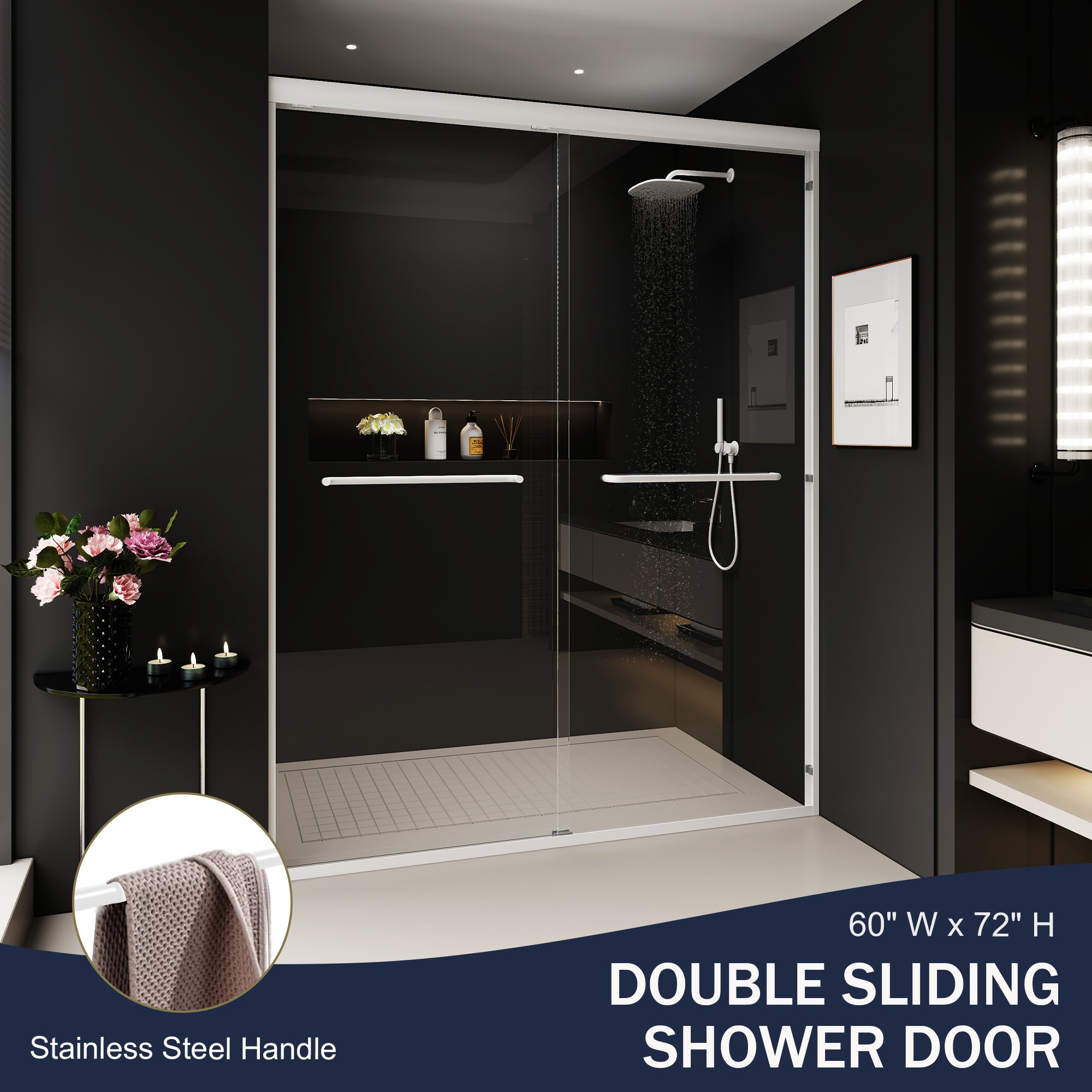 Aukfa Shower Doors, 56 - 60" W x 72" H Sliding Glass Shower Door, White Aluminum Frame, 1/4'' (6mm) High-Strength Tempered Glass for Walk-in Showers