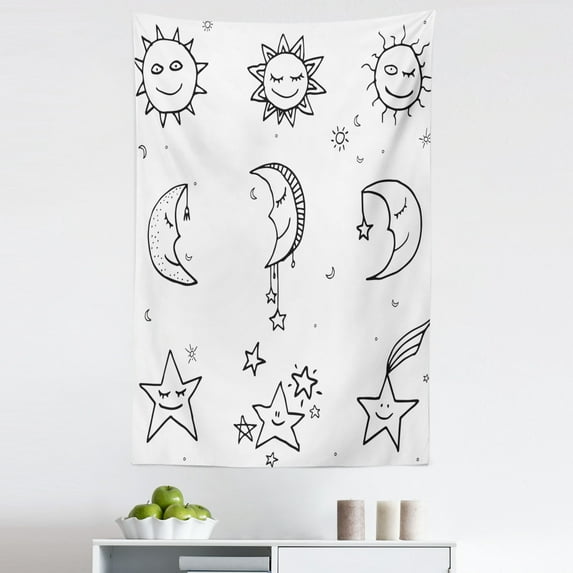 Black White Tapestry, Hand Drawn Image of Sun Moon Stars Room Art Print Image, Fabric Wall Hanging Decor for Bedroom Living Room Dorm, 5 Sizes, Black and White, by Ambesonne