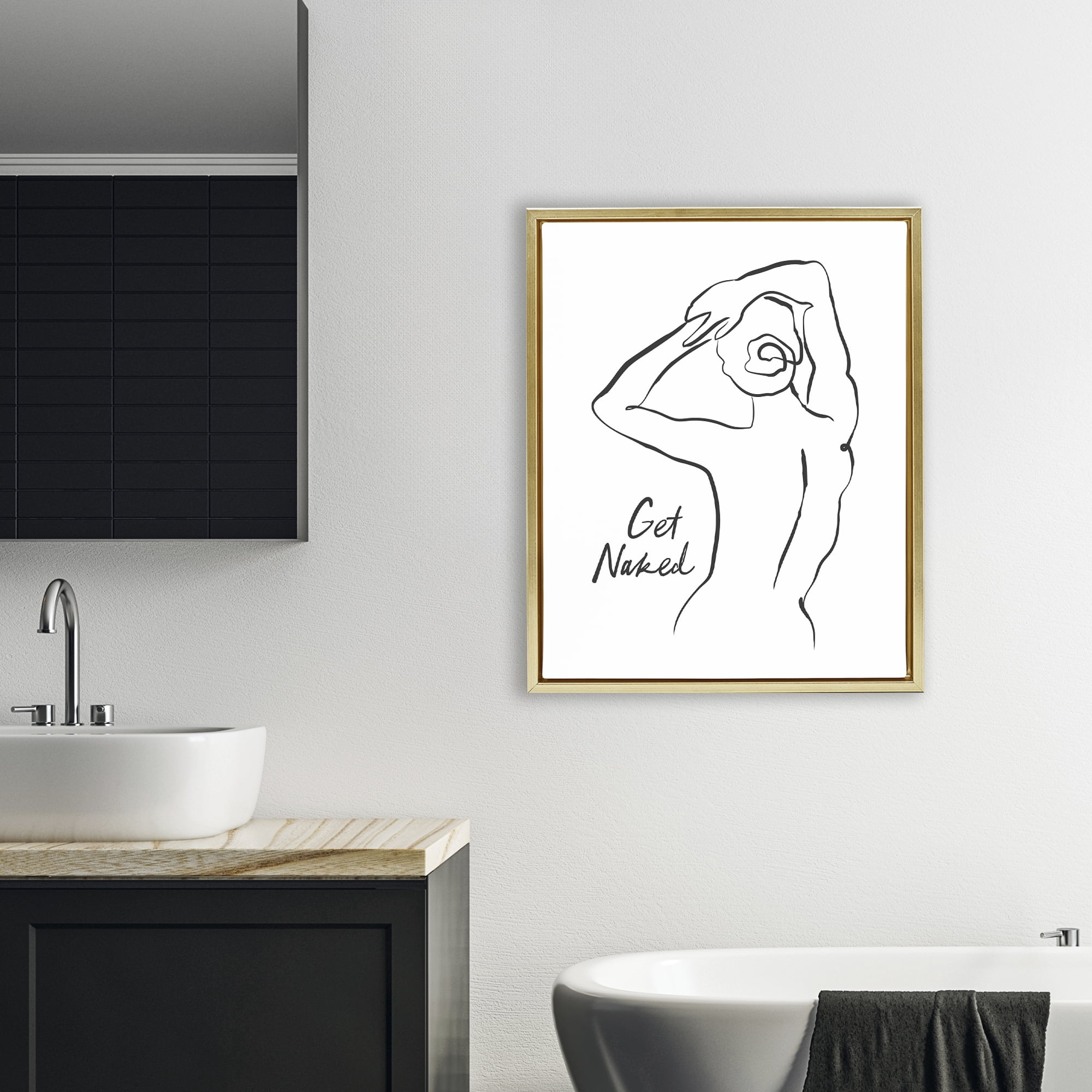 Stupell Industries Get Naked Nude Silhouette Gold Framed Floater Canvas Wall Art, design by Lettered and Lined