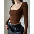 thumbnail image 1 of 2024 Square Collar Long Sleeve Casual Women T Shirts Green Autumn Skinny Sexy Solid Basic Crop Tops Fashion Streetwear, 1 of 5