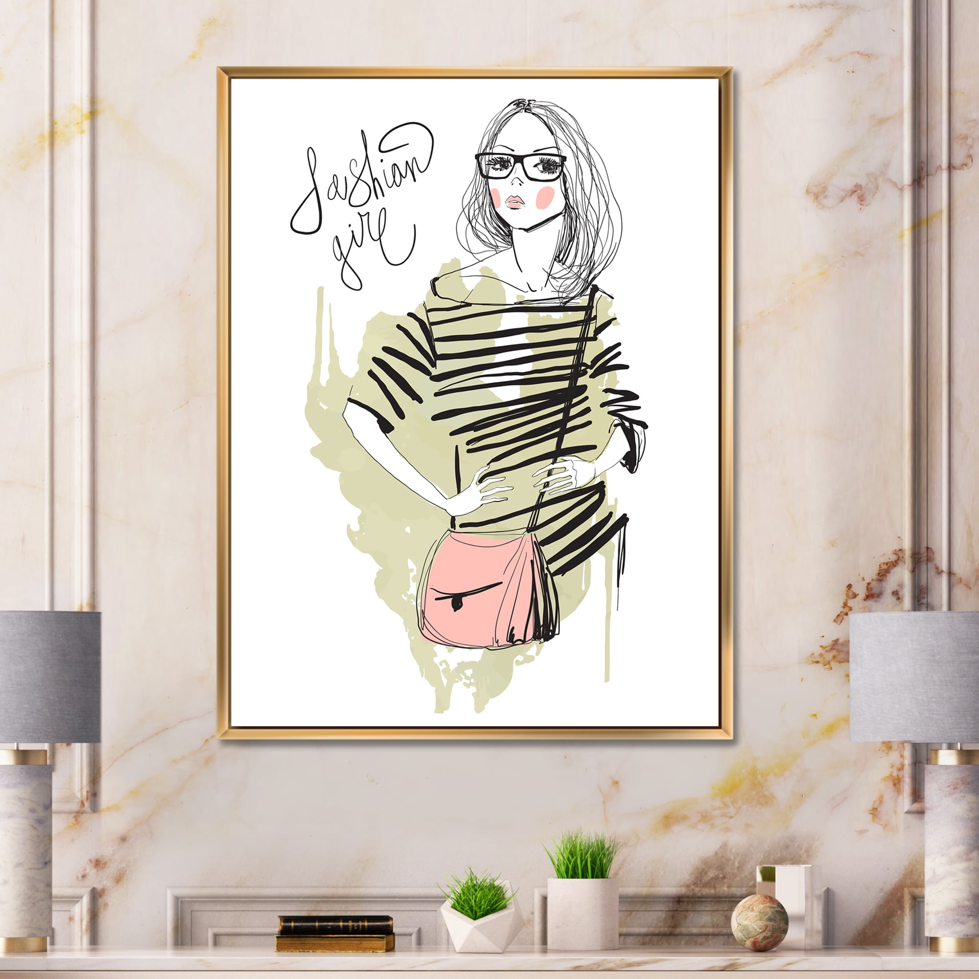 Designart 'Trendy Fashion Woman' Shabby Chic Framed Canvas Wall Art Print