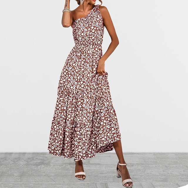 Lenago Grande Taille Robe de Maternité Mode Femmes d'Été Impression une Épaule Sans Manches Volant Longue Robe d'Été Plage Robes sur l'Autorisation