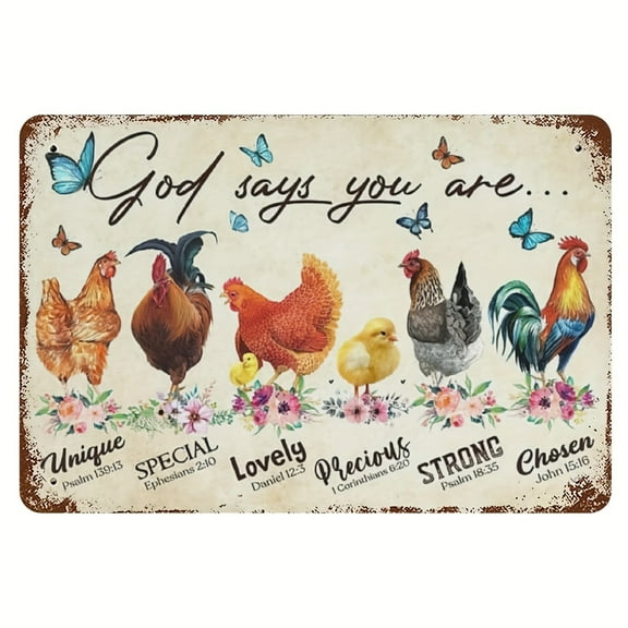 Vintage Chicken Tin Sign, God Says You Are Funny Metal Sign, Wall Decor, Farm, Yard, Outdoor Decor, 8x12Inch