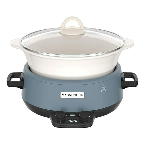 MAGNIFIQUE Small 5 Quart Round Casserole Programmable Slow Cooker with Glazed Ceramic Liner, Food Warmer Perfect Kitchen Small Appliance for Family Dinners, Blue