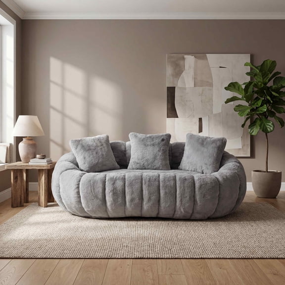 FFH 75.5" Cloud Couch, Floral-Shaped Bean Bag Sofa, Boneless Loveseat Sofa for Living Room, Plush Faux Fur, Gray