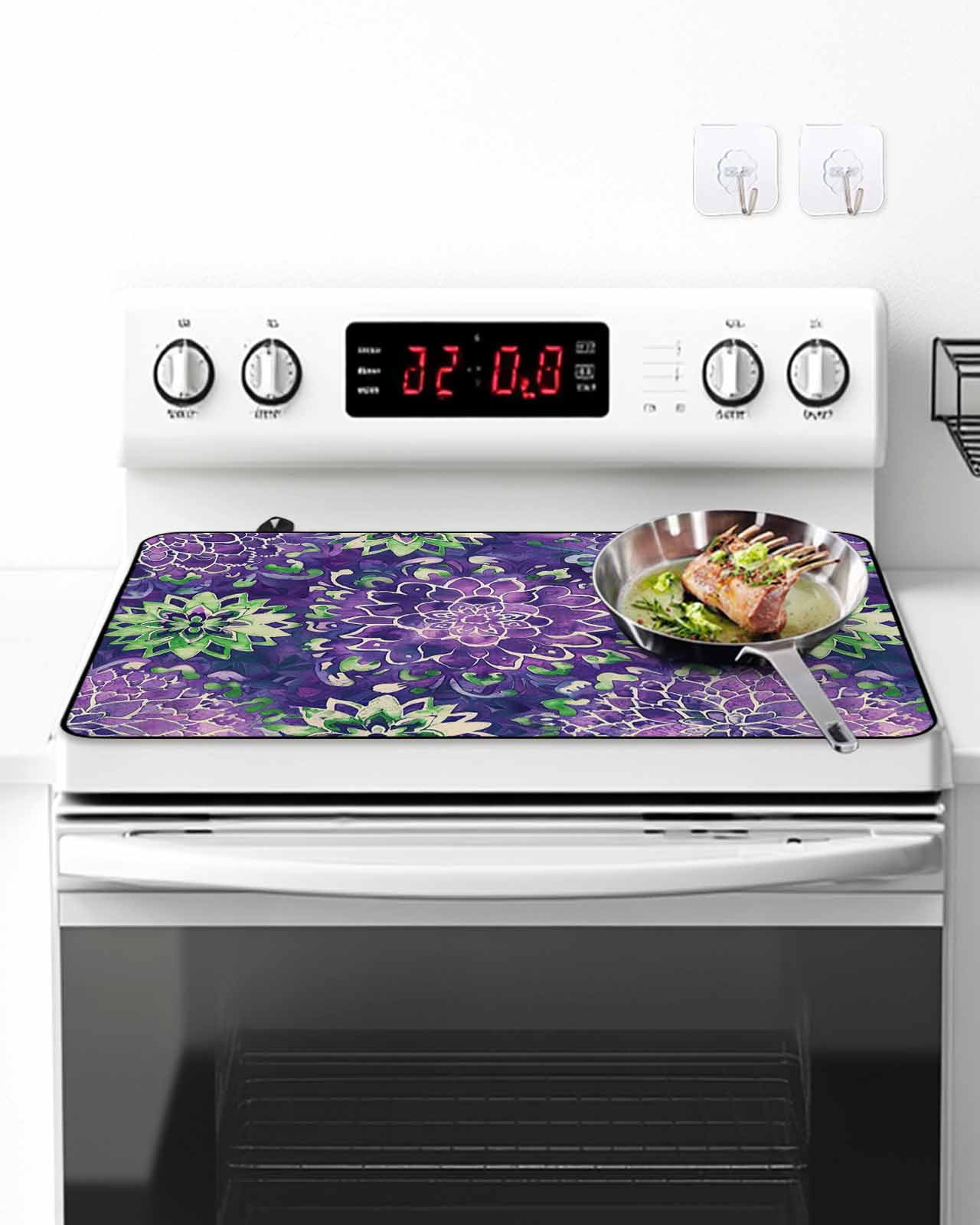 Stove Top Covers for Electric Stove, Purple Green Flowers Glass Stovetop Cover Protector, Watercolor Vintage Botanical Induction Cooktop Protector Oven Mat for Kitchen Countertop 24"x21"