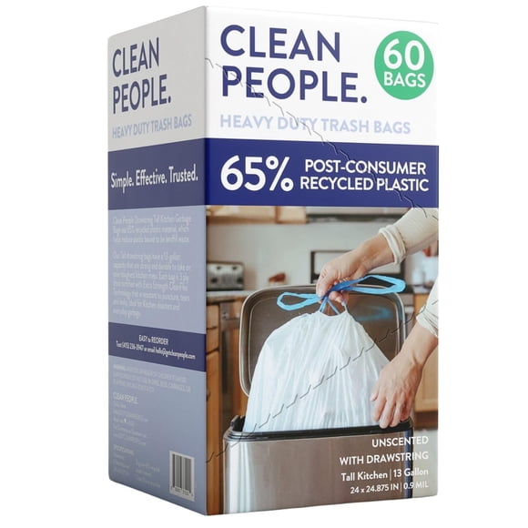 Clean People Trash Bags, Tall Drawstring Kitchen Garbage Bags, 13 Gallon Capacity, 60 Bags, Made with 65% Recycled Material, Unscented