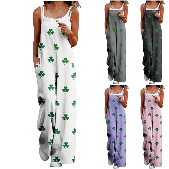 Ichuanyi Women St Patricks Day Print Loose Sleeveless Jumpsuit Back Strap Design with Pockets One Piece Outfit Soft Comfortable Casual Daily Wear Romper