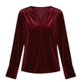 thumbnail image 7 of Lenpel Velvet Tops for Women Long Sleeve V Neck Pleated Button down Shirts Dressy Casual Velour Blouses Loose Work Shirts(Red,X-Large), 7 of 7