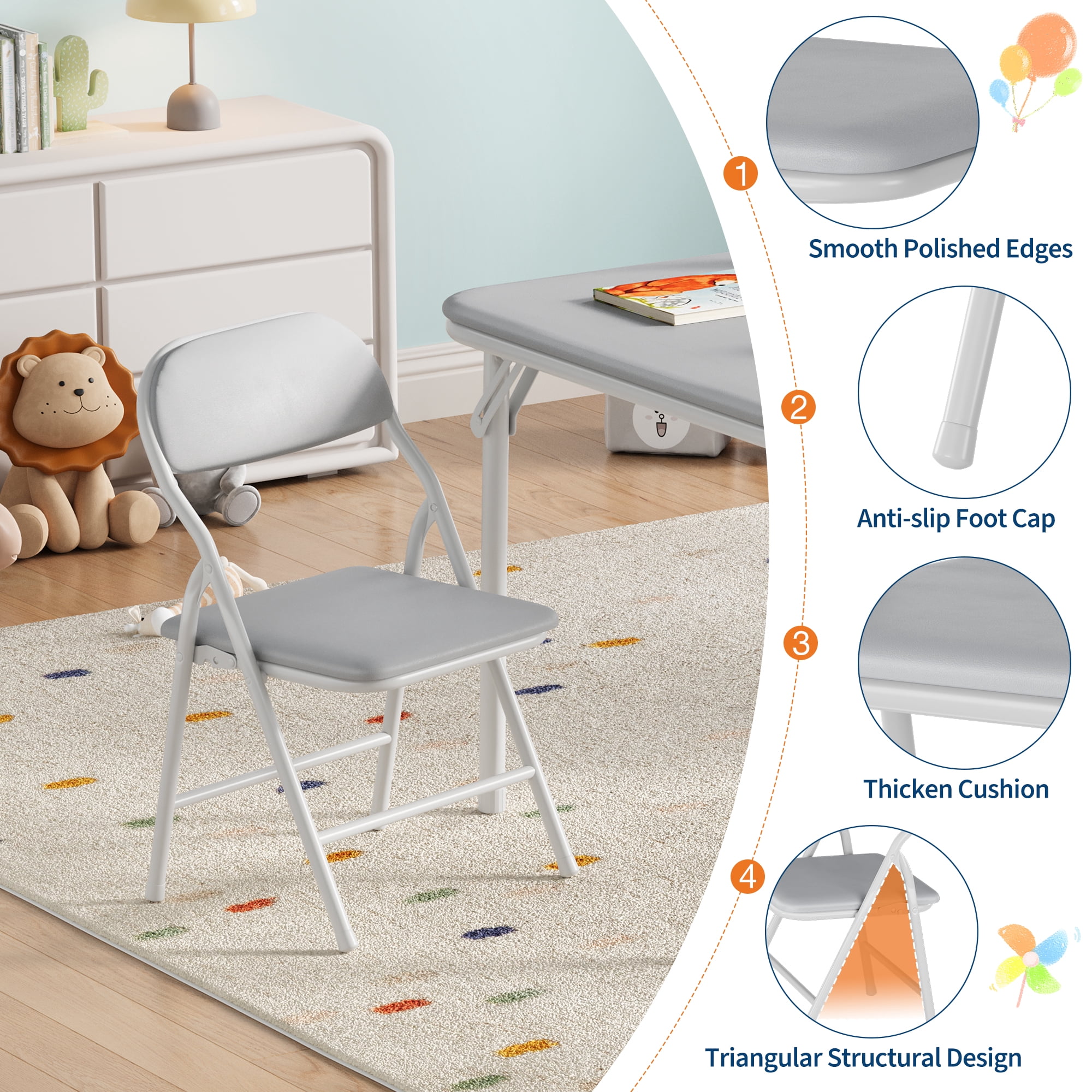 Ultra Soft PU Padded 1/5/7-Piece Kids Folding Table and Chairs Set – Durable Steel Frame, Anti-Slip Feet, No Assembly – Portable for Study, Dining, Learning Space, Play