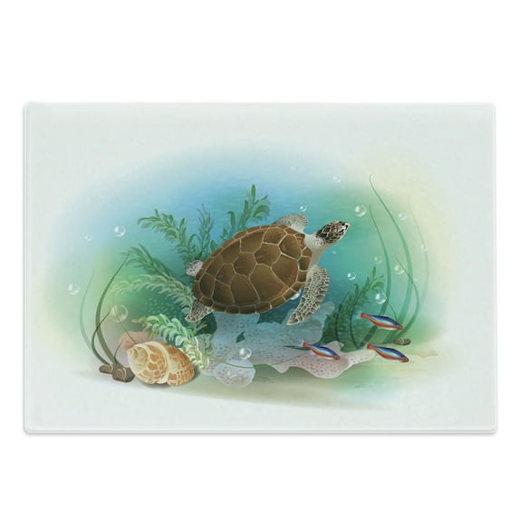 Ocean Cutting Board, Sea Turtle Swims in the Ocean Tropical Underwater World Aquarium Illustration Print, Decorative Tempered Glass Cutting and Serving Board, Large Size, Green Brown, by Ambesonne
