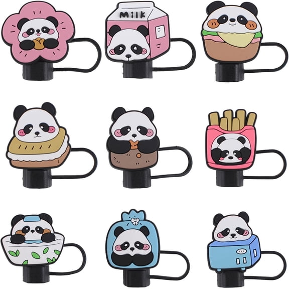 Panda Straw Cover Cap 9PCS Convenient Protective Silicone Straw Tip Cap Dust Resistant Reusable Cute Water Bottle Accessories Straw Decoration for 9-10mm Straws (Black)