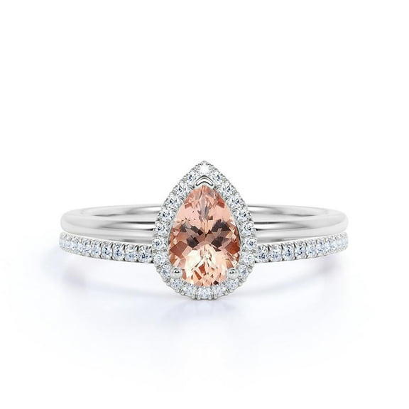 Beautiful Art Deco 1.75 Carat Pear Cut Affordable Morganite And Diamond Moissanite Engagement Ring, Classic Wedding Ring, One Matching Band in 925 Sterling Silver With 18k White Gold Plating