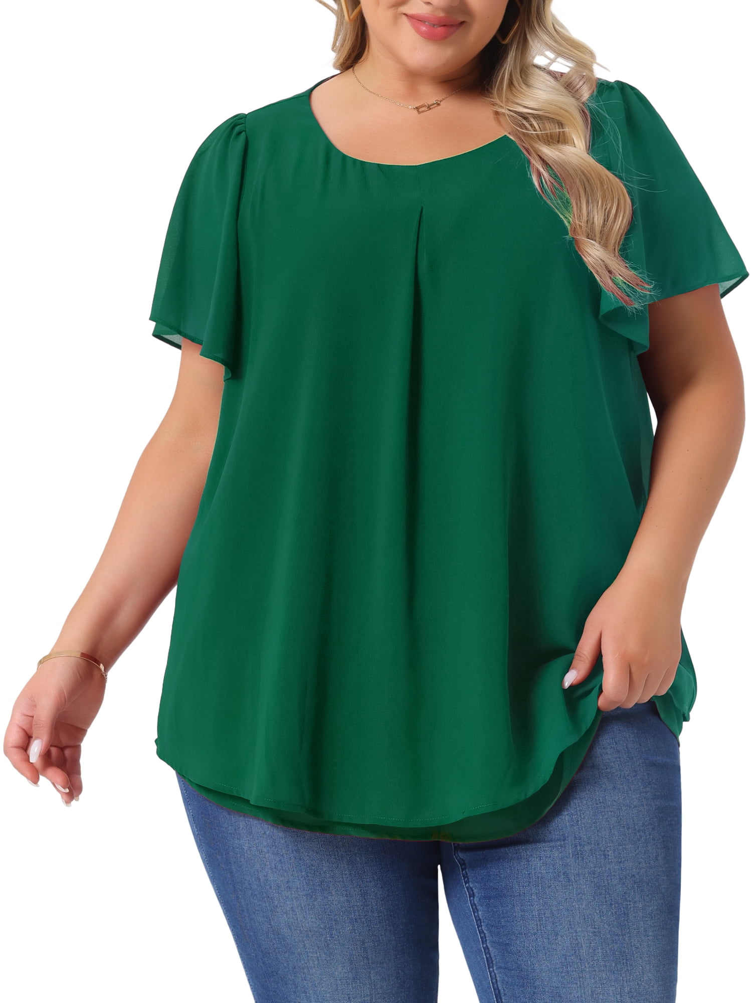 DARING DIVA Women's Plus Chiffon Ruffle Double-Layered Top 3X Dark Green