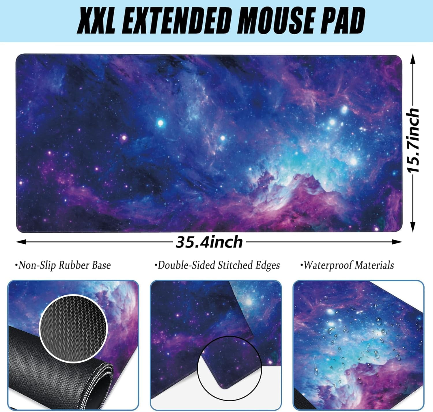 Desk Pad, Blue Purple Nebula and Stars Extended Large Gaming Mouse Pad for Desk XXL, Large Desk Mat for Desktop with Non-Slip Rubber Base Stitched Edges for Computer Keyboard Home Office 35.4"X15.7"