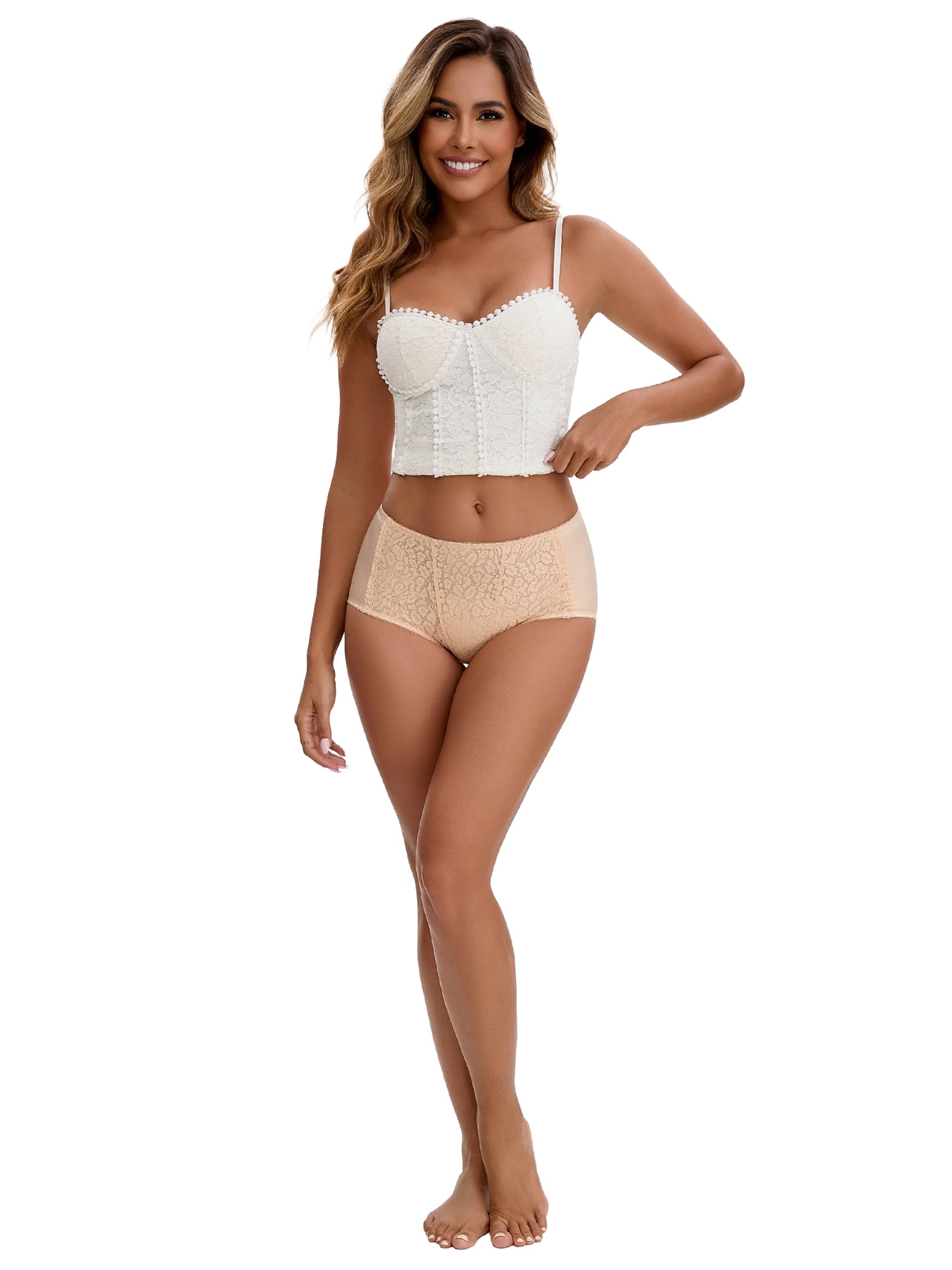 Unique Bargains Women's Floral Lace Breathable Mid Rise Underpants 2XL Beige