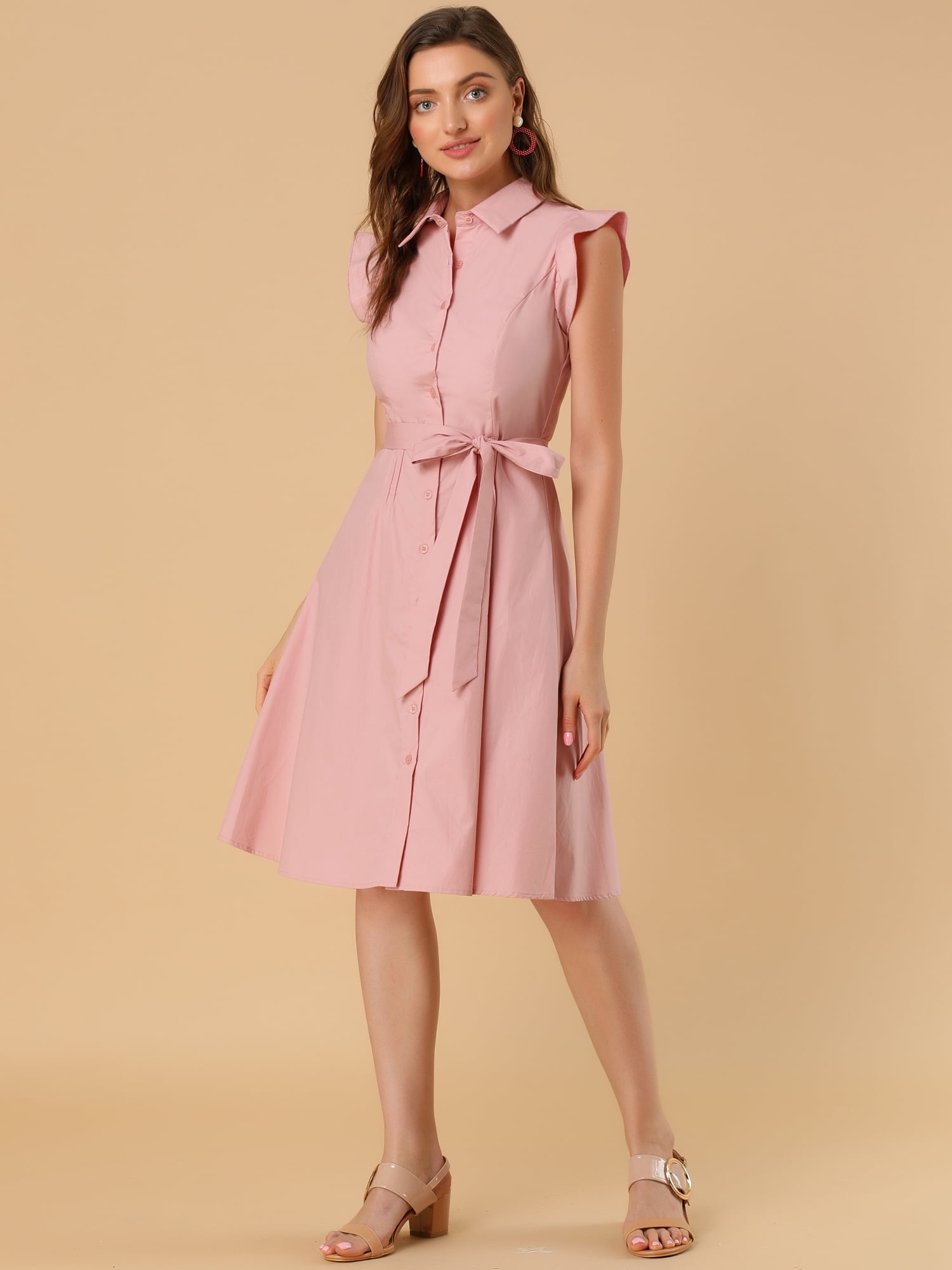DARING DIVA Ruffled Sleeve Button Down Belted Knee Length Shirt Dress XL Pink