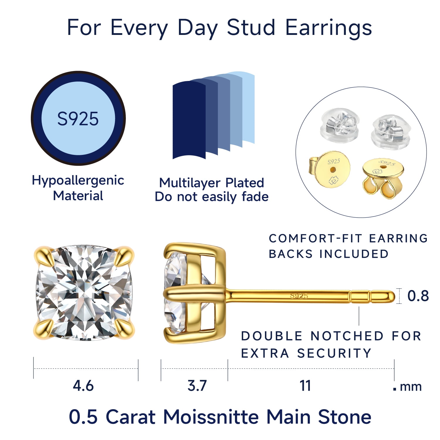 MomentWish 14K Gold Plated Stud Earrings, 1 Carat Moissanite Earrings Birthday Gifts for Women