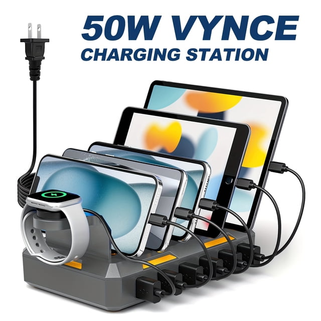 Estbridge Fast Charging Station For Multiple Devices 50W 6 Port USB Multi Charger Station Organizer For Apple /iPad/Cell Phone/Tablets And Other Electronics Devices