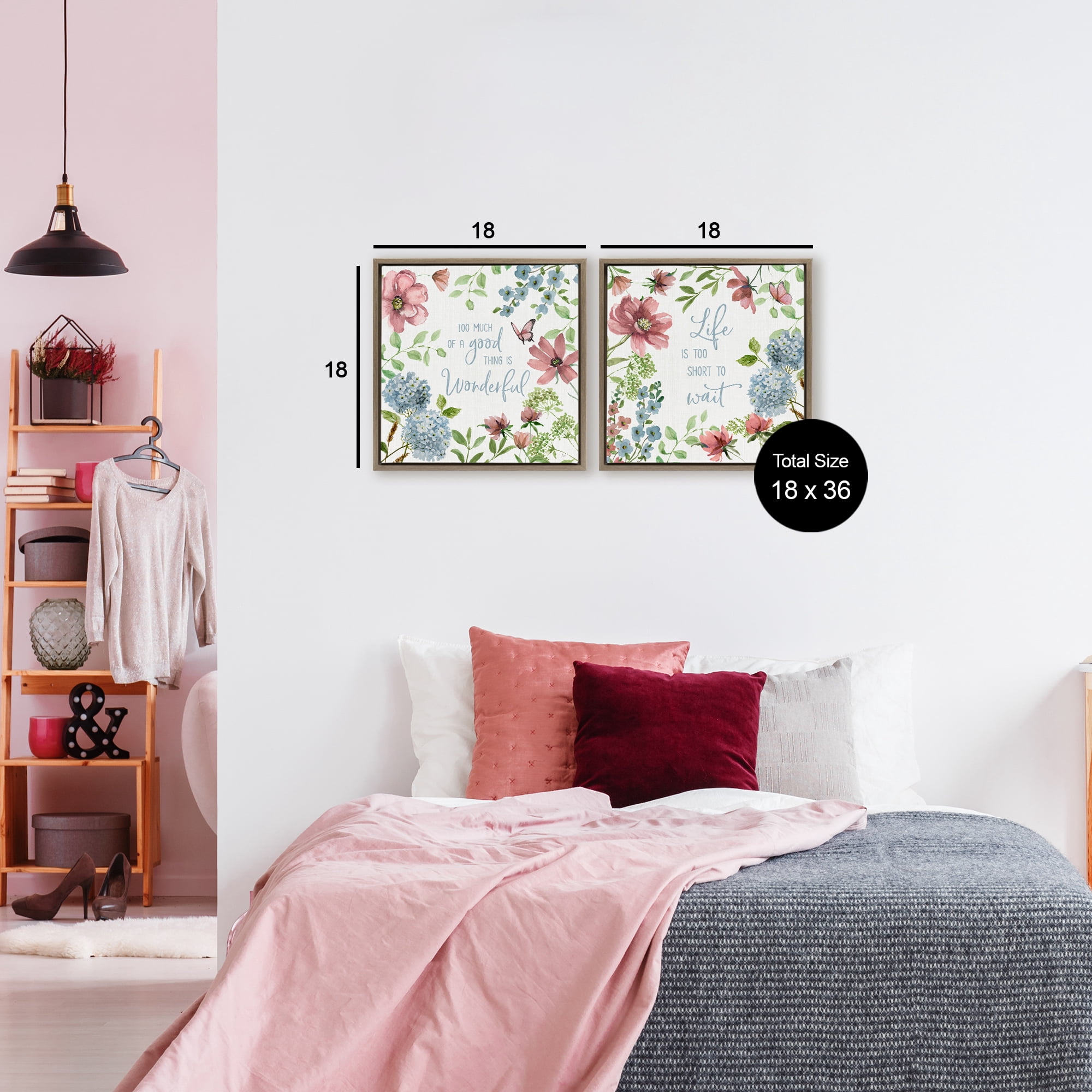 Stupell Industries Uplifting Floral Quotes 2 Piece Brown Framed Floater Canvas Set, design by Nan