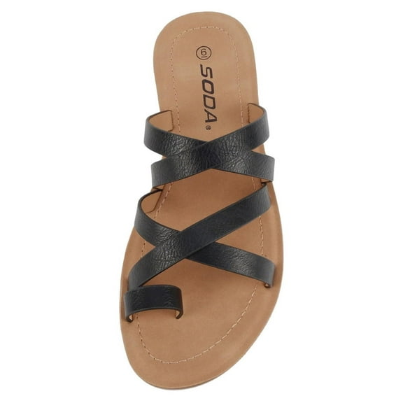 Soda Shoes Women Slip-On Sandals Crisscross Multi Straps Band Ring Toe Flat Flip-Flops Slides ISABEL-S Black PU 6.5