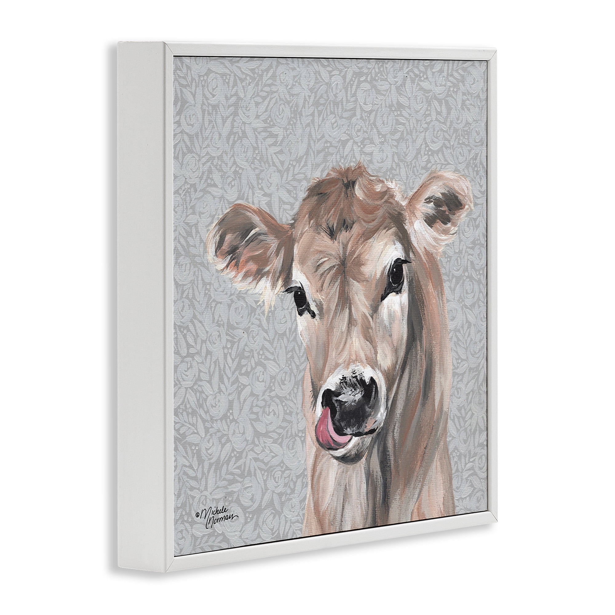 Stupell Industries Young Calf Portrait on Floral Animals & Insects Painting White Framed Art Print Wall Art, 24 x 24