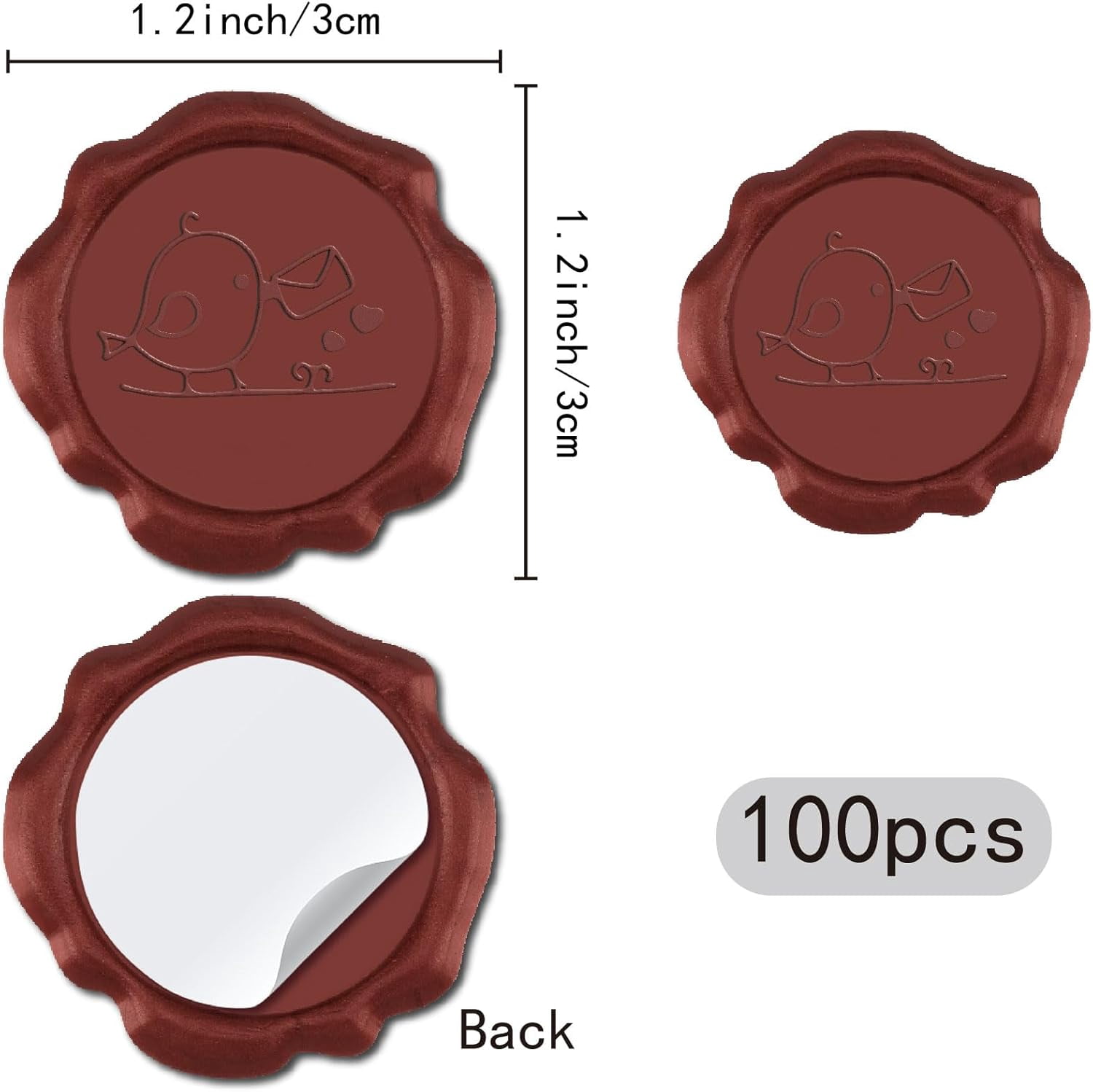 100Pcs Wax Seal Stickers Sending Bird Heart Wedding Invitation Envelope Sealing Stamp Sticker 30mm Self Adhesive Antique Red Vintage for Gift Wrapping DIY Decor