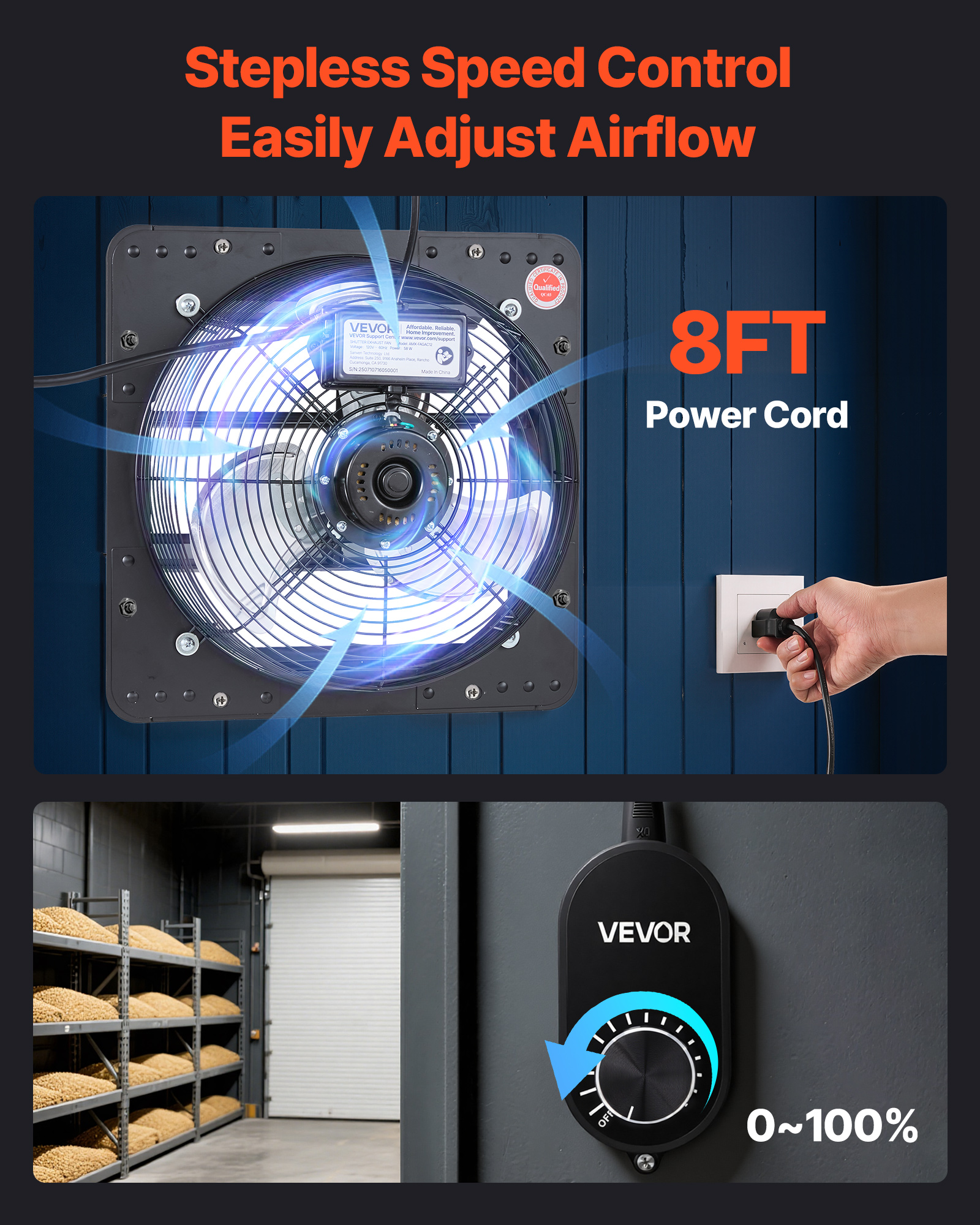 VEVOR 12 inch Shutter Exhaust Fan, Wall Mounted Attic Vent Fan with Variable Speed Controller, 1100 CFM, AC Motor, Heavy-duty Steel, Low Noise for Shed, Garage, Greenhouse Ventilation Cooling