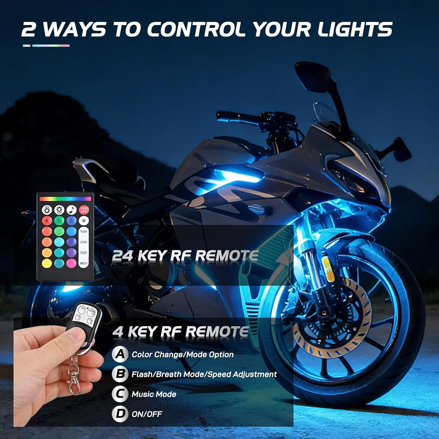 Nilight 12Pcs Motorcycle RGB Led Light Kit Waterproof Multi-Color Atmosphere Lights Lamp with Dual RF Wireless Remote Controllers for Harley Davidson Honda Kawasaki Suzuki