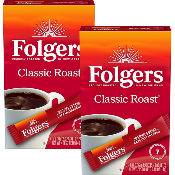 Folgers Classic Roast Instant Coffee Crystals, 7 Single Serve Packets (2 Boxes, 14 Sachet Total) 100% Pure Coffee Medium Roast Convenient On the Go Coffee Powder & CUSTOM Storage Carrier