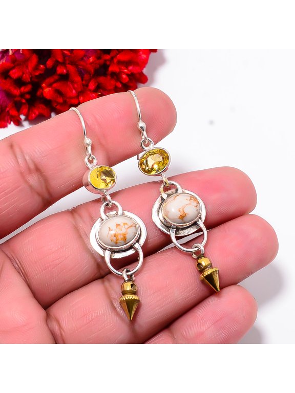 Copper White Turquoise & Citrine 925 Sterling Silver Two Tone Arrow Head Earring 2.34" E102830, Christmas Gift