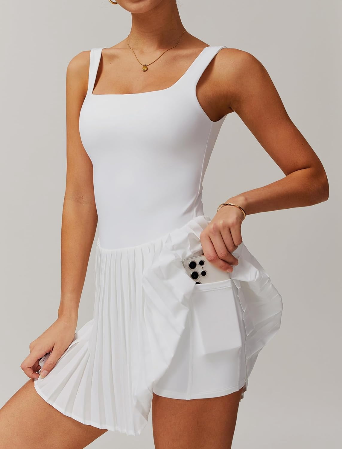 PISONIC Womens Tennis Golf Dress with Built-in Bra Shorts Backless Square Neck Pleated Hem Athletic Dresses with Pockets
