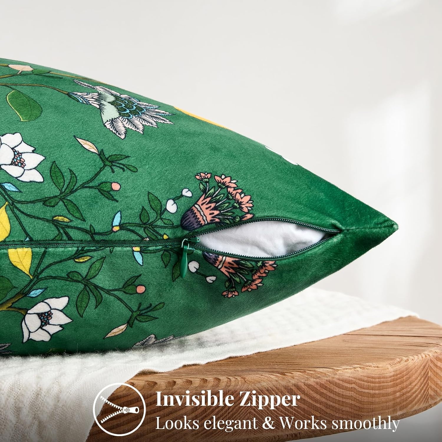 COOKCOK Dark Green Floral Pillow Covers 18x18 Set of 2, Velvet Wild Flower Plant Throw Pillows Case, Square Farmhouse Decor Cushion Covers for Home Sofa Bed Couch