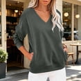 thumbnail image 2 of V-Neck Sweatshirt Women Fleece Pullover with Side Pockets Lightweight Casual Loose Solid Color Long Sleeve Fall Sweatshirt No Hood Gray XXL, 2 of 6