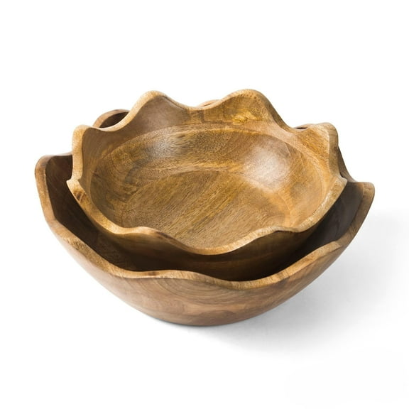 Mela Artisans Wooden Scalloped Bowl - Set of 2, Large & Medium |Mango Wood Natural Grain Finish | 12x4x12” and 10x4x10” | Fits Bread, Fruits, Salad or Popcorn