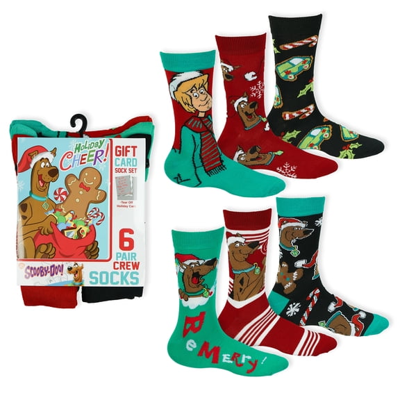 Scooby Doo Sock Men's Holiday 6 Pair Christmas Crew Socks and Holiday Card Set Fits Shoe Size 6-12