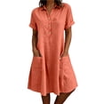 thumbnail image 3 of Bxsruta Women's Summer Casual Short Sleeve Shirt Dress with Pockets Loose Fit Midi Length Breathable Soft Cotton Linen Blend Button Down Collared Flowy Everyday, 3 of 7