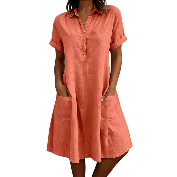Kukoosong Women's Short Sleeve Button Down Collared Shirt Dress, Midi Length Loose Fit Casual Summer Dress with Pockets, Lightweight Breathable Comfy Sundress