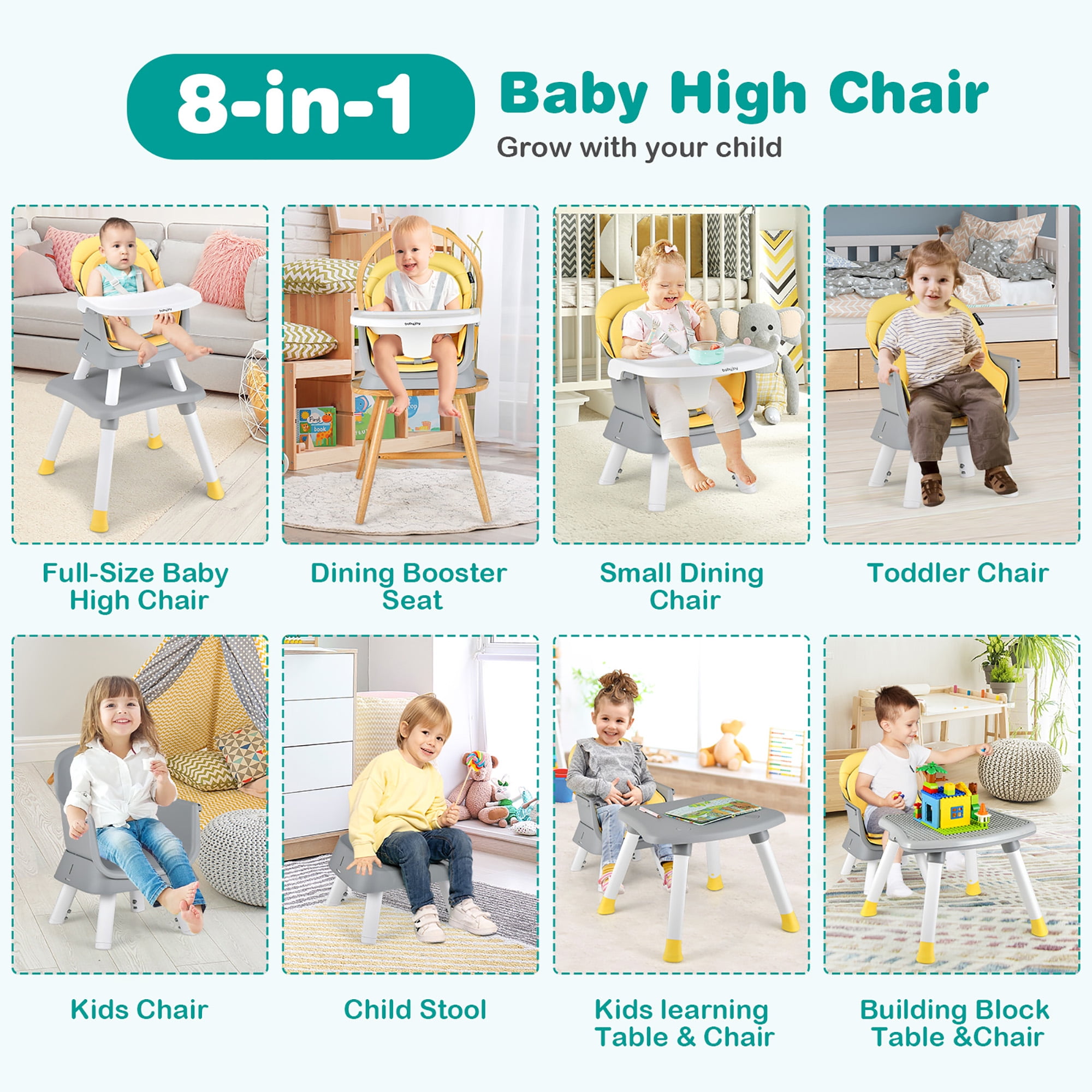 Costway 8-in-1 unisex Baby High Chair Convertible Dining Booster Seat with Removable Tray Yellow