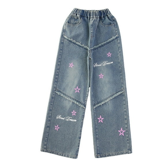 WERYOUNG Girls Streetwear Jeans Pants Summer Casual Letter Star Printed Stretch Elastic Waist Straight Wide Leg Pants With Pockets Newborn Cute Denim Pants,Blue,3-4 Years
