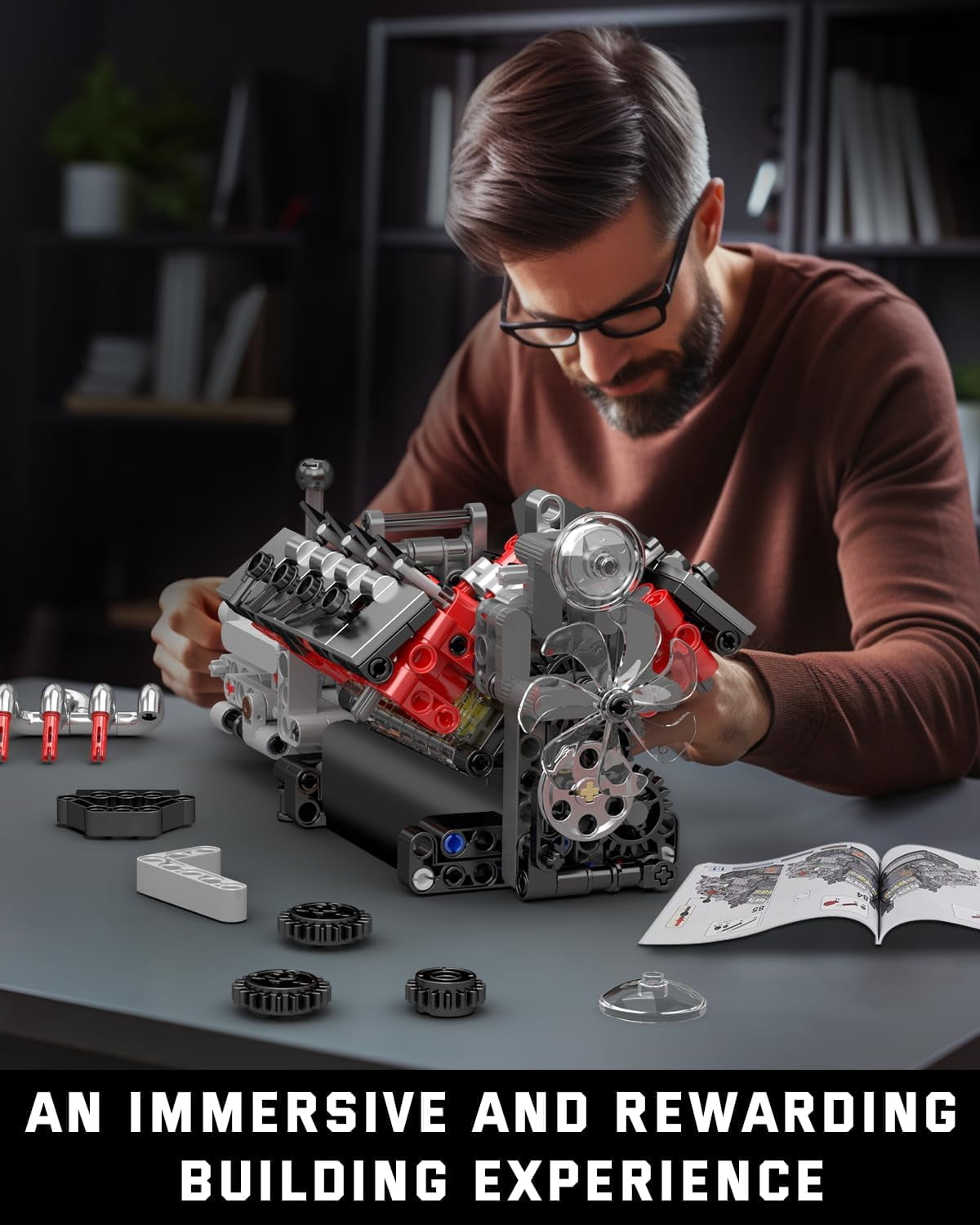 Engine Model kit That Runs- Build Your Own STEM V8 Model Engine with Transmission, 8-Cylinder Car Engine kit Building Engineering Toys for Adults Collections (855+PCS)
