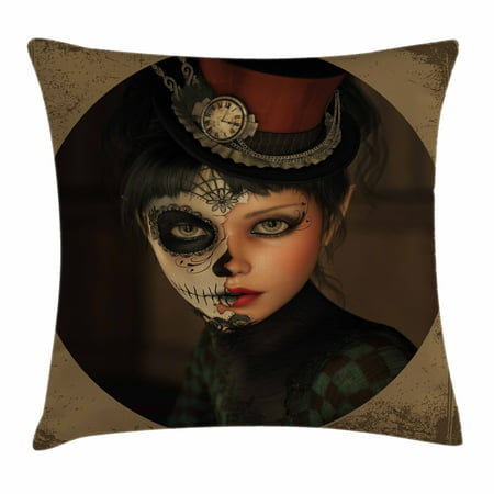Sugar Skull Decor Throw Pillow Cushion Cover, Antique Portrait Girl with Calavera Inspired Makeup and Topper Realistic, Decorative Square Accent Pillow Case, 18 X 18 Inches, Multicolor, by Ambesonne
