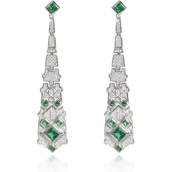 Vintage Green Nano Emerald Earrings for Women Dainty Green Dangle Earrings Sterling Silver Simulated Diamond Drop Earrings Princess Cut CZ Long Earrings for Women Elegant