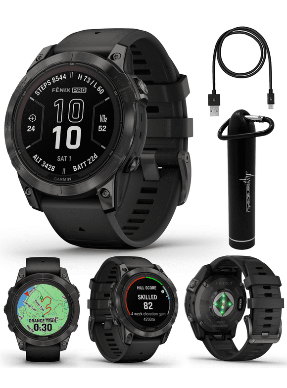 Garmin fenix 7 Pro Solar Sapphire Multisport GPS 47 mm Smartwatch, Carbon Gray DLC Titanium, Black with Wearable4U Power Bank Bundle