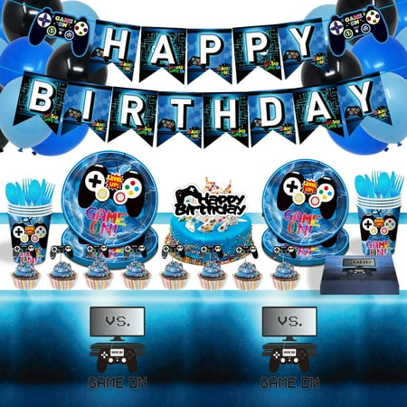 Sekeline Video Game PriNst Party Decorations Game On Birthday Party Supplies Paper Plate, Napkins Cups, Happy Birthday Banner, Cake Toppers, Balloons, Tablecloths for Video Gaming Level Up Party