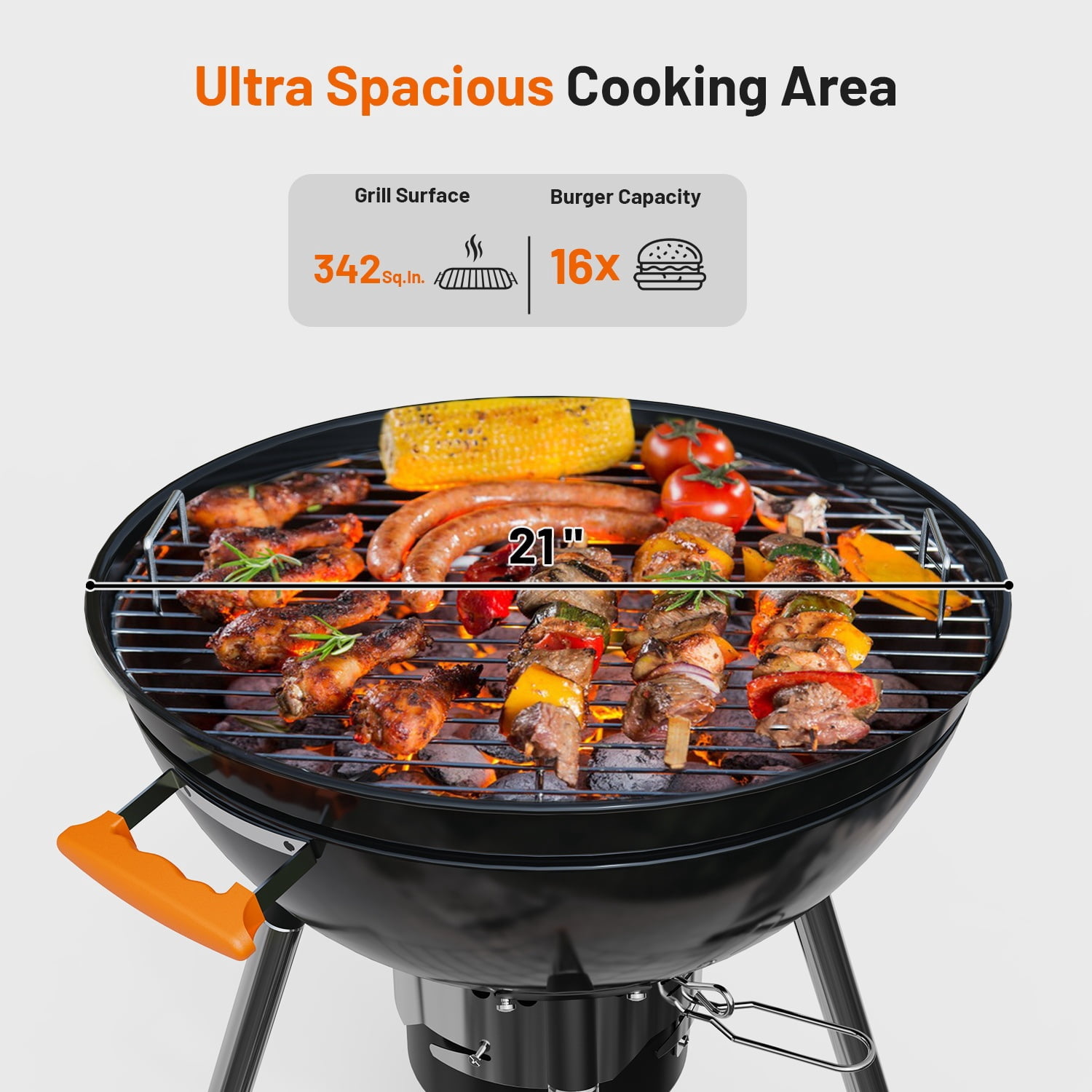 KEYO GRILL 21 in. Kettle Charcoal Grill with Removable Ash Catcher & Side Table, Thermometer, Black