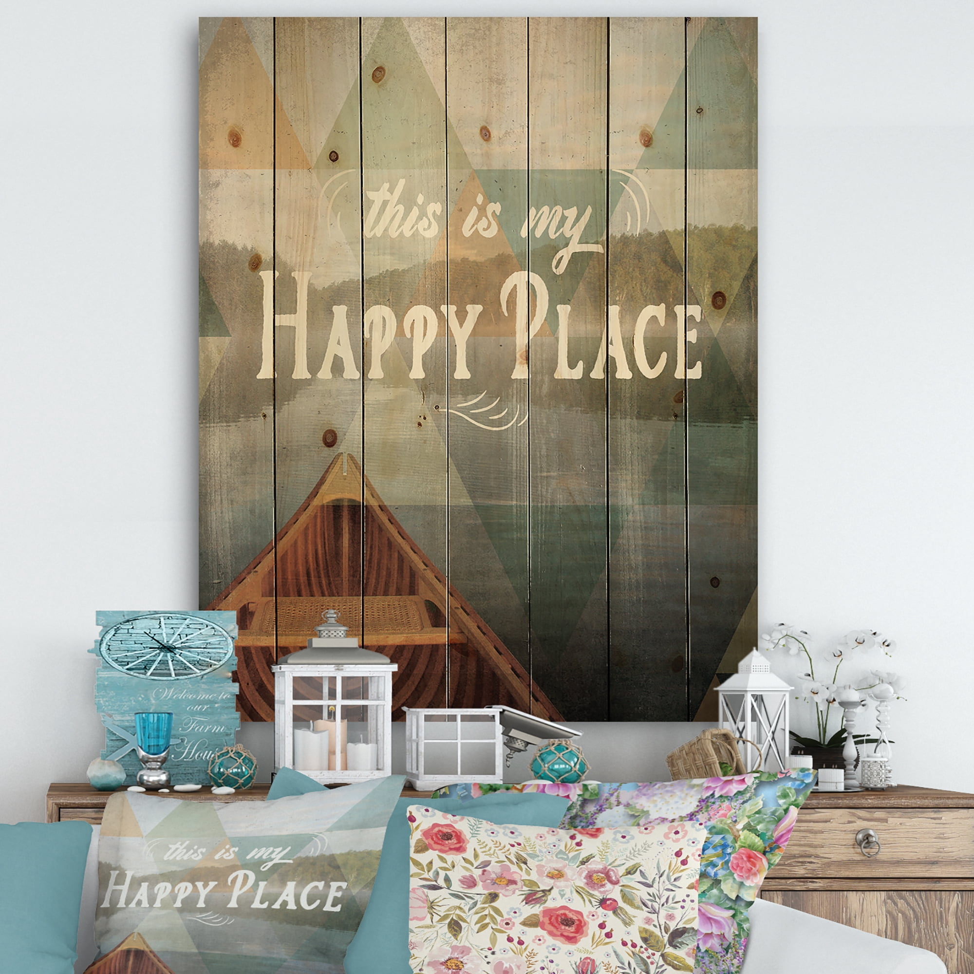 Designart 'Happy Quote Lake House' Cottage Print on Natural Pine Wood
