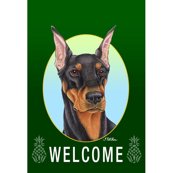 Doberman Black/Tan Cropped - Best of Breed Welcome Pineapples Garden Flags. Flag is 12" x 17"