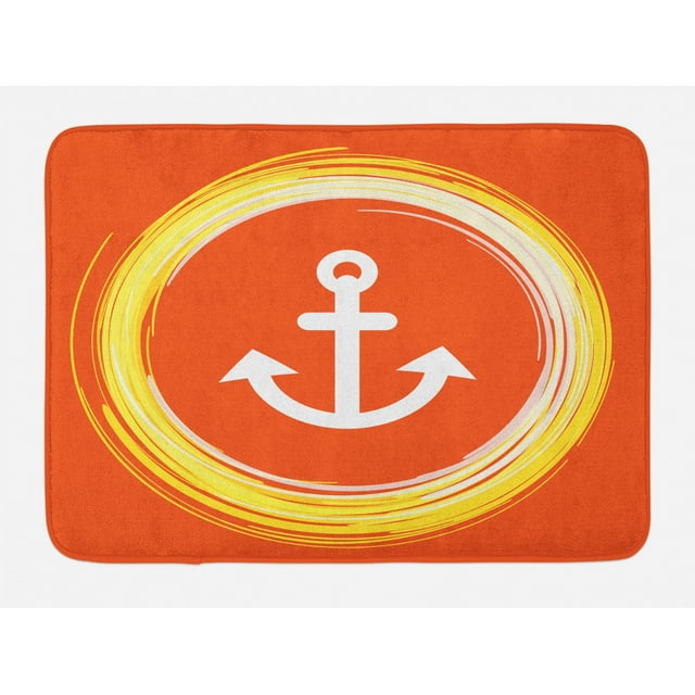 Anchor Bath Mat, Anchor Image in a Circle Round Enlightened Drawing Controlling the Seabed Print, Non-Slip Plush Mat Bathroom Kitchen Laundry Room Decor, 29.5 X 17.5 Inches, Orange Yellow, Ambesonne