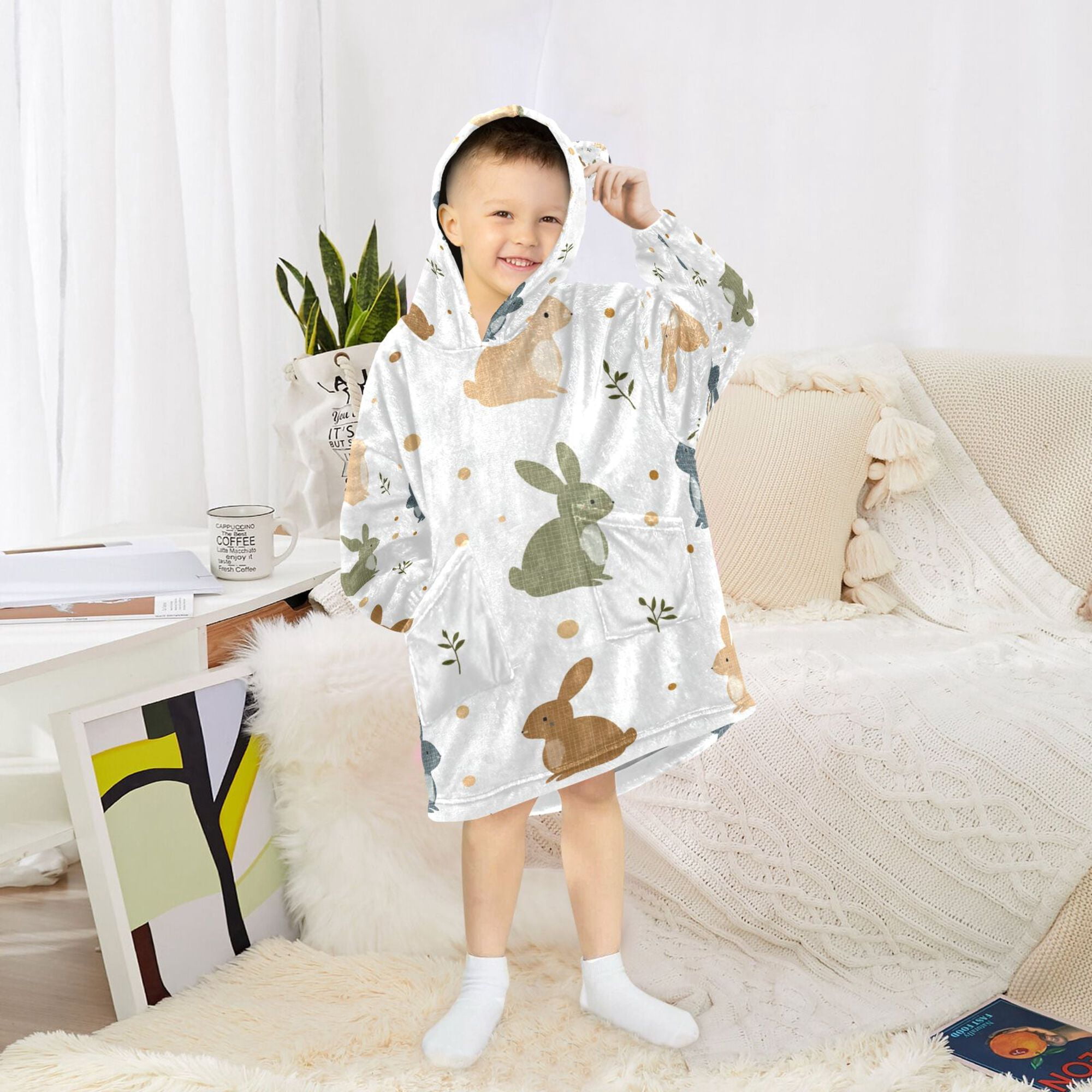 FORMRS Wearable Blanket Hoodie with Sleeves for Kids Cozy Flannel Sweatshirt, Cartoon Bunnies